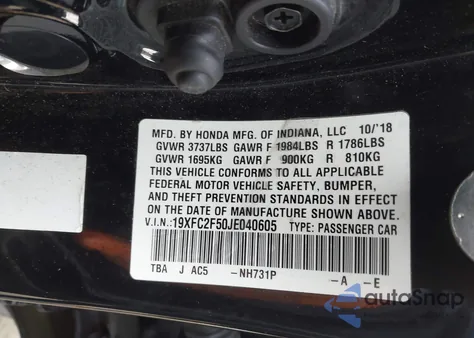 2018 Honda Civic Lx z USA, uszkodzony, nr VIN 19XFC2F50JE040605